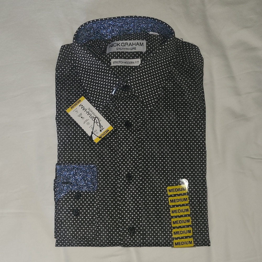 Nick Graham Mens Black and Blue Casual Button Down Shirt with Geometric Pattern